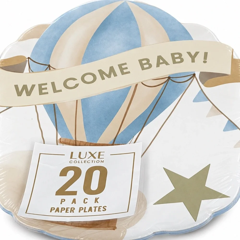Luxe Collection Welcome Baby Hot Air Balloon Paper Plates 20 Pk Blue Gold 110-82